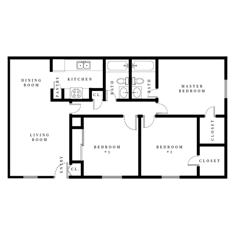 Floor plan for 3 beds, 2 baths, 1101 sqft